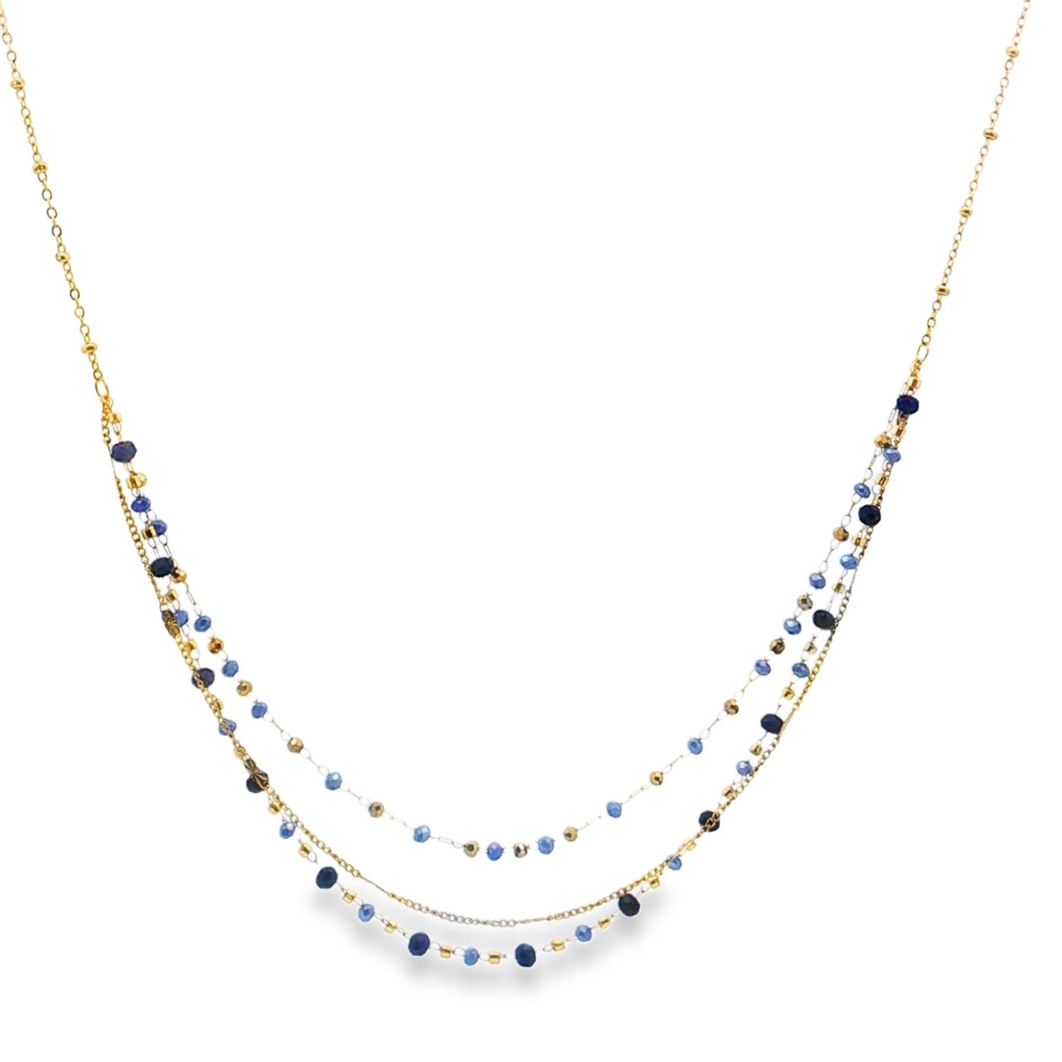 Ce collier triple rangs met en valeur l'éclat chaleureux de l'acier doré.<br/>Des perles rondes de couleur bleu profond, taillées en cabochon, apportent une touche de couleur raffinée.<br/>Chaque rang, disposé avec soin, crée un ensemble harmonieux, parfait pour sublimer votre décolleté avec élégance et sophistication.<br/>Fermoir mousqueton avec 5 cm de rallonge. Multirangs Perle Adolescent Adulte Femme Fille Indémodable Ce collier triple rangs met en valeur l'éclat chaleureux de l'acier doré.<br/>Des perles rondes de couleur bleu profond, taillées en cabochon, apportent une touche de couleur raffinée.<br/>Chaque rang, disposé avec soin, crée un ensemble harmonieux, parfait pour sublimer votre décolleté avec élégance et sophistication.<br/>Fermoir mousqueton avec 5 cm de rallonge. Multirangs Perle Adolescent Adulte Femme Fille Indémodable