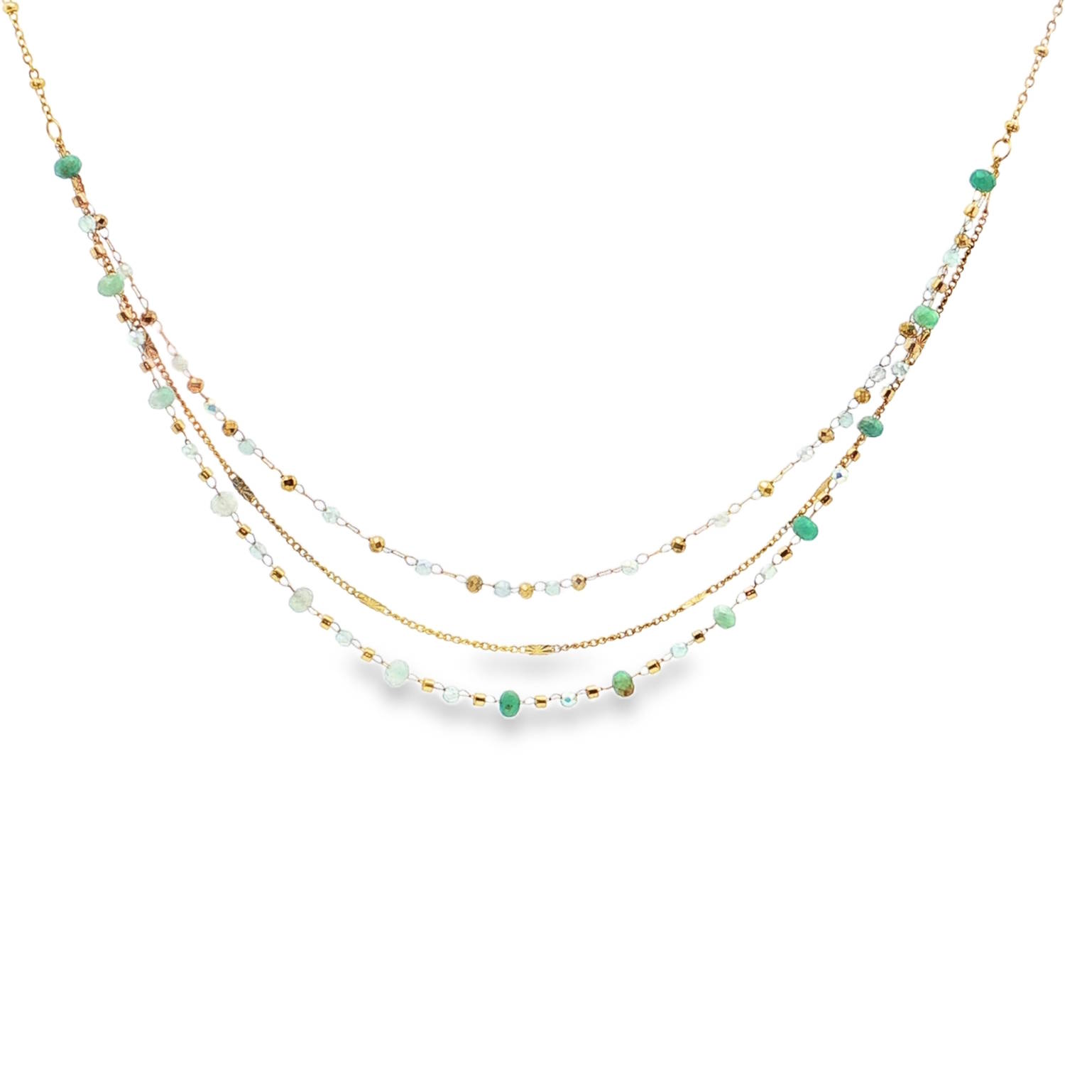 Ce collier triple rangs met en valeur l'éclat chaleureux de l'acier doré.<br/>Des perles rondes de couleur verte, taillées en cabochon, apportent une touche de couleur raffinée.<br/>Chaque rang, disposé avec soin, crée un ensemble harmonieux, parfait pour sublimer votre décolleté avec élégance et sophistication.<br/>Fermoir mousqueton avec 5 cm de rallonge. Multirangs Perle Adolescent Adulte Femme Fille Indémodable Ce collier triple rangs met en valeur l'éclat chaleureux de l'acier doré.<br/>Des perles rondes de couleur verte, taillées en cabochon, apportent une touche de couleur raffinée.<br/>Chaque rang, disposé avec soin, crée un ensemble harmonieux, parfait pour sublimer votre décolleté avec élégance et sophistication.<br/>Fermoir mousqueton avec 5 cm de rallonge. Multirangs Perle Adolescent Adulte Femme Fille Indémodable