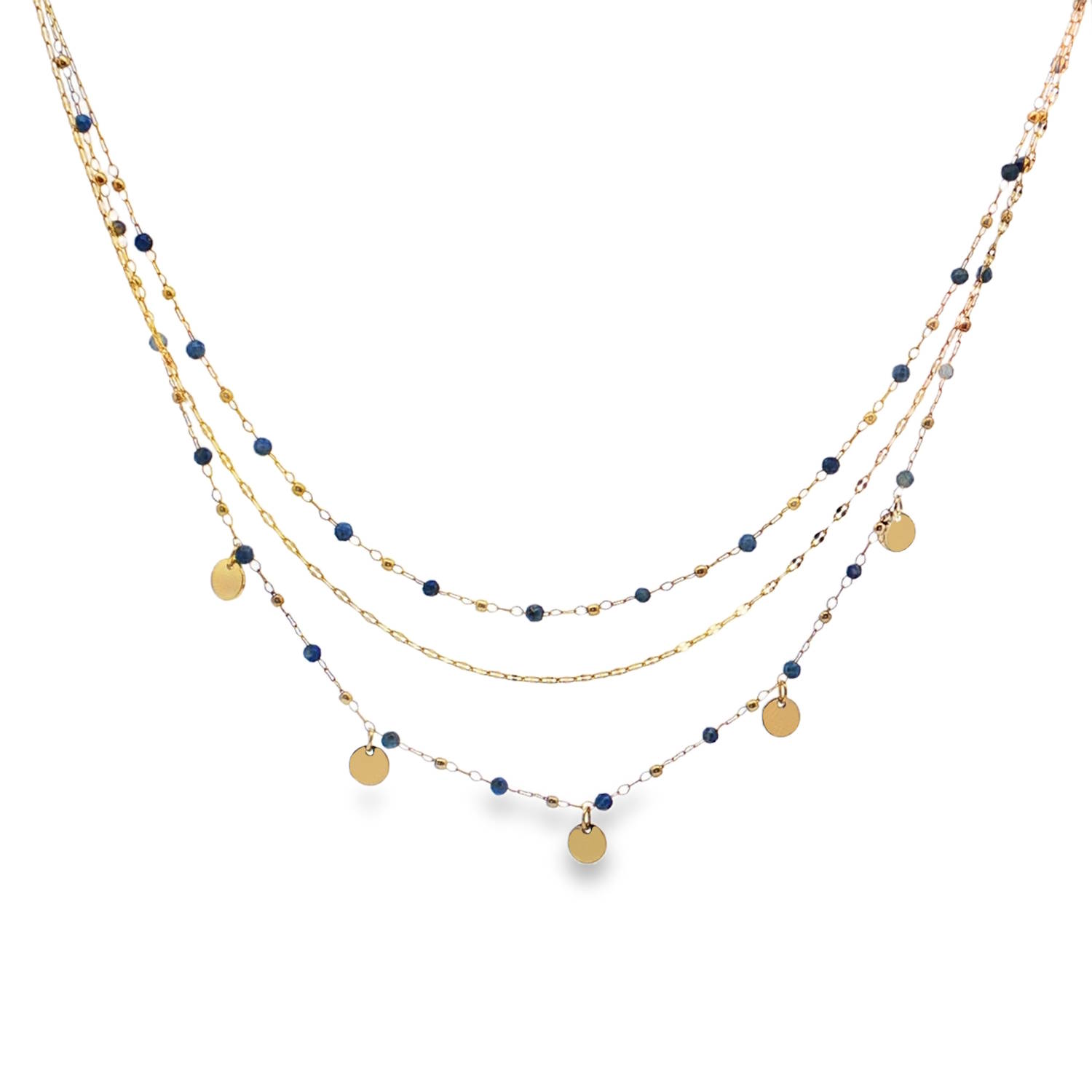 Ce collier triple rangs en acier doré offre un design délicat et raffiné.<br/>Chaque rang est orné de perles de couleur bleu profond, taillées en cabochon, apportant une touche de couleur intense.<br/>La composition met en valeur l'éclat du doré et la profondeur des perles pour un look élégant et moderne.<br/>Fermoir mousqueton avec 5 cm de rallonge. Multirangs Perle Rond Adolescent Adulte Femme Fille Indémodable Ce collier triple rangs en acier doré offre un design délicat et raffiné.<br/>Chaque rang est orné de perles de couleur bleu profond, taillées en cabochon, apportant une touche de couleur intense.<br/>La composition met en valeur l'éclat du doré et la profondeur des perles pour un look élégant et moderne.<br/>Fermoir mousqueton avec 5 cm de rallonge. Multirangs Perle Rond Adolescent Adulte Femme Fille Indémodable