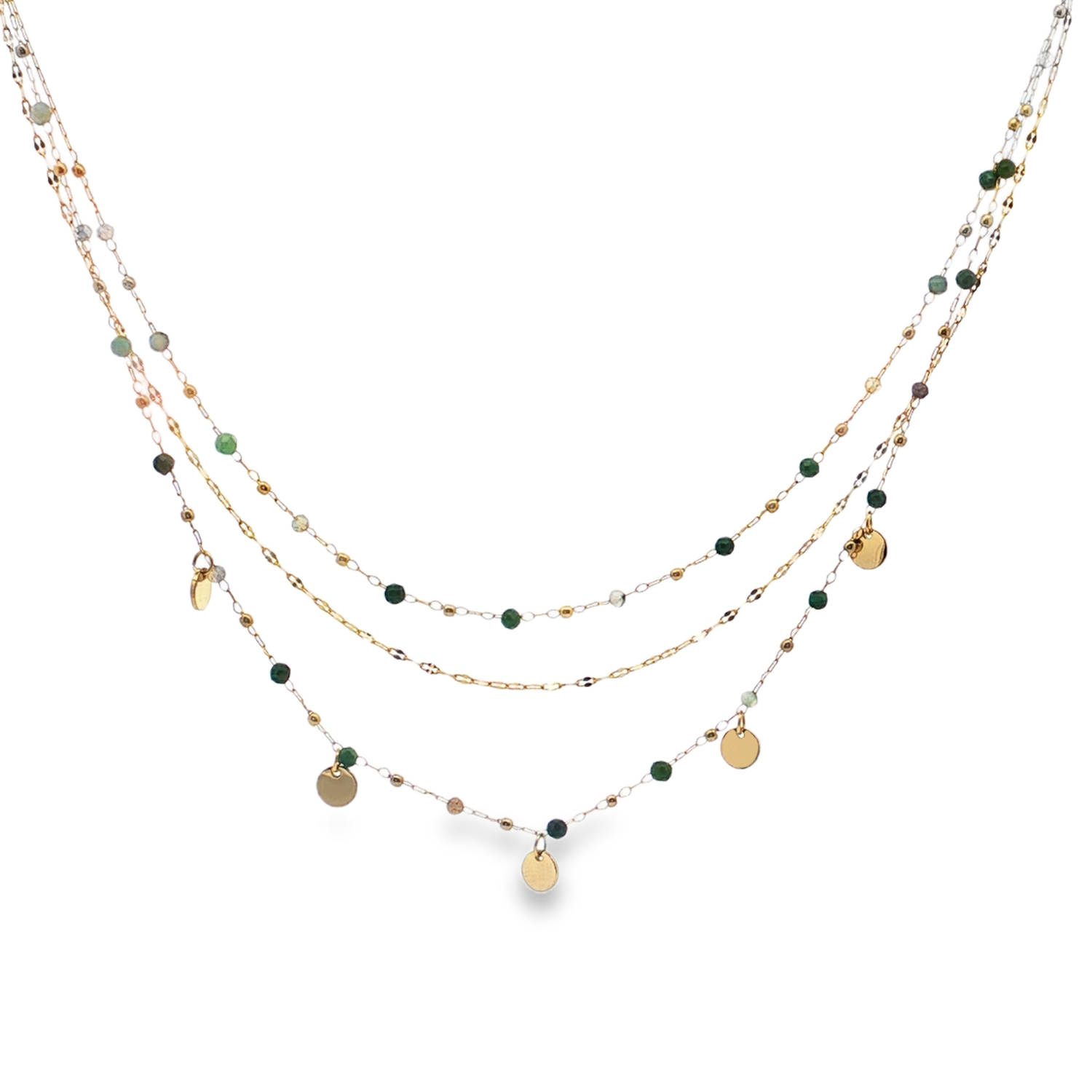Ce collier triple rangs en acier doré offre un design délicat et raffiné.<br/>Chaque rang est orné de perles de couleur vert profond, taillées en cabochon, apportant une touche de couleur intense.<br/>La composition met en valeur l'éclat du doré et la profondeur des perles pour un look élégant et moderne.<br/>Fermoir mousqueton avec 5 cm de rallonge. Multirangs Perle Rond Adolescent Adulte Femme Fille Indémodable Ce collier triple rangs en acier doré offre un design délicat et raffiné.<br/>Chaque rang est orné de perles de couleur vert profond, taillées en cabochon, apportant une touche de couleur intense.<br/>La composition met en valeur l'éclat du doré et la profondeur des perles pour un look élégant et moderne.<br/>Fermoir mousqueton avec 5 cm de rallonge. Multirangs Perle Rond Adolescent Adulte Femme Fille Indémodable