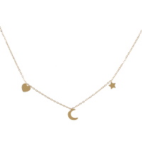 Collier composé d'une chaîne et de trois pendentif cœur, étoile et croissant de lune en acier doré. Fermoir mousqueton avec 5 cm de rallonge.