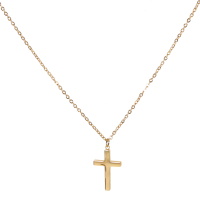 Collier composé d'une chaîne et d'un pendentif croix en acier doré. Fermoir mousqueton avec 4 cm de rallonge.