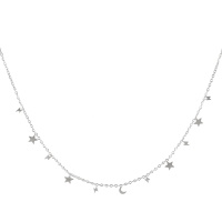Collier composé d'une chaîne et de pampilles en forme d'étoiles, éclairs et croissants de lune en acier argenté. Fermoir mousqueton avec 5 cm de rallonge.