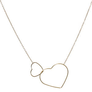 Collier composé d'une chaîne et d'un pendentif de deux cœurs entrelacés en acier doré. Fermoir mousqueton avec 5 cm de rallonge.