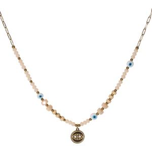 Collier composé d'une chaîne en acier doré, de perles de couleur blanche, de perles rondes représentant un œil et d'un pendentif rond représentant un œil en acier doré. Fermoir mousqueton avec 5 cm de rallonge.