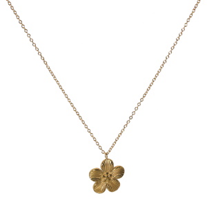 Collier composé d'une chaîne et d'un pendentif en forme de fleur en acier doré. Fermoir mousqueton avec 5 cm de rallonge.