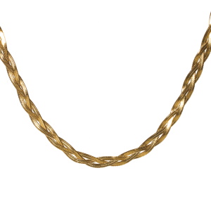 Collier composé de trois chaînes maille serpent entrelacées en acier doré. Fermoir mousqueton avec 5 cm de rallonge.