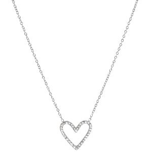 Collier composé d'une chaîne en acier argenté et d'un pendentif en forme de cœur pavé de strass. Fermoir mousqueton avec 5 cm de rallonge.