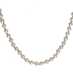 Collier composé d'une chaîne avec perles en acier doré et de perles d'imitation. Fermoir mousqueton avec 5 cm de rallonge.