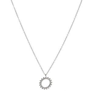 Collier composé d'une chaîne et d'un pendentif cercle en forme de soleil en acier argenté. Fermoir mousqueton avec 5 cm de rallonge.