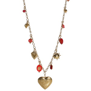 Collier sautoir composé d'une chaîne avec charm's cœurs et soleil en acier doré, de perles rouges et d'un cœur rouge. Fermoir mousqueton avec 5 cm de rallonge.