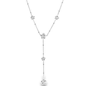 Collier de forme Y avec fleurs en acier argenté. Fermoir mousqueton avec 5 cm de rallonge.