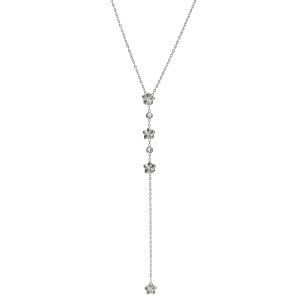 Collier de forme Y avec fleurs en acier argenté et strass. Fermoir mousqueton avec 5 cm de rallonge.
