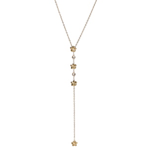 Collier de forme Y avec fleurs en acier doré et strass. Fermoir mousqueton avec 5 cm de rallonge.