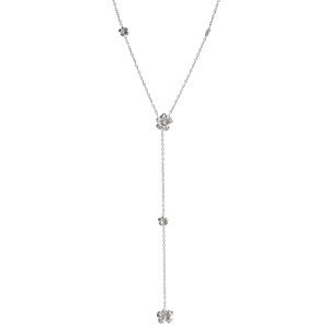 Collier de forme Y avec fleurs en acier argenté. Fermoir mousqueton avec 5 cm de rallonge.