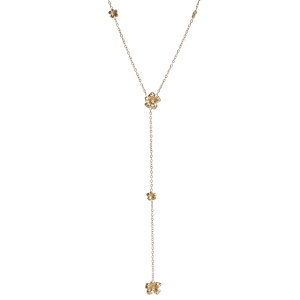 Collier de forme Y avec fleurs en acier doré. Fermoir mousqueton avec 5 cm de rallonge.