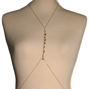 Collier de corps composé d'une chaîne avec pampilles en acier doré et de pampilles de strass.<br/Fermoir mousqueton avec 6 cm de rallonge pour le collier et 15 cm de rallonge pour la taille.