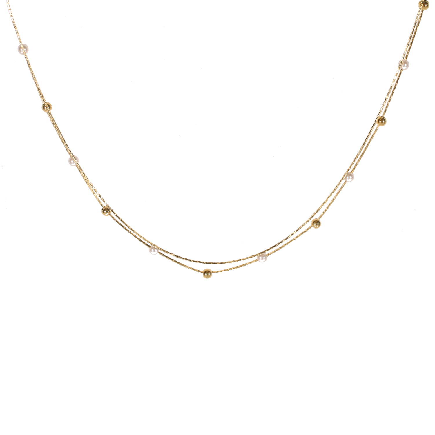 Collier double rangs composé d'une chaîne avec perles en acier doré et perles d'imitation et d'une chaîne en acier doré.<br/>Fermoir mousqueton avec 4 cm de rallonge. Boule Multirangs Perle  Adolescent Adulte Femme Fille Indémodable 