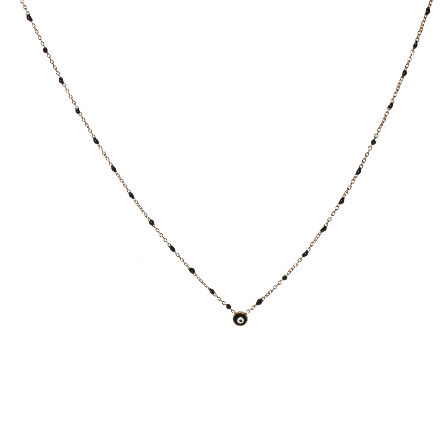 Collier composé d'une chaîne en acier doré, de perles en émail de couleur noire et d'un pendentif œil de Turquie.<br/>Fermoir mousqueton avec 5 cm de rallonge.  Adolescent Adulte Femme Fille Indémodable Symboles 