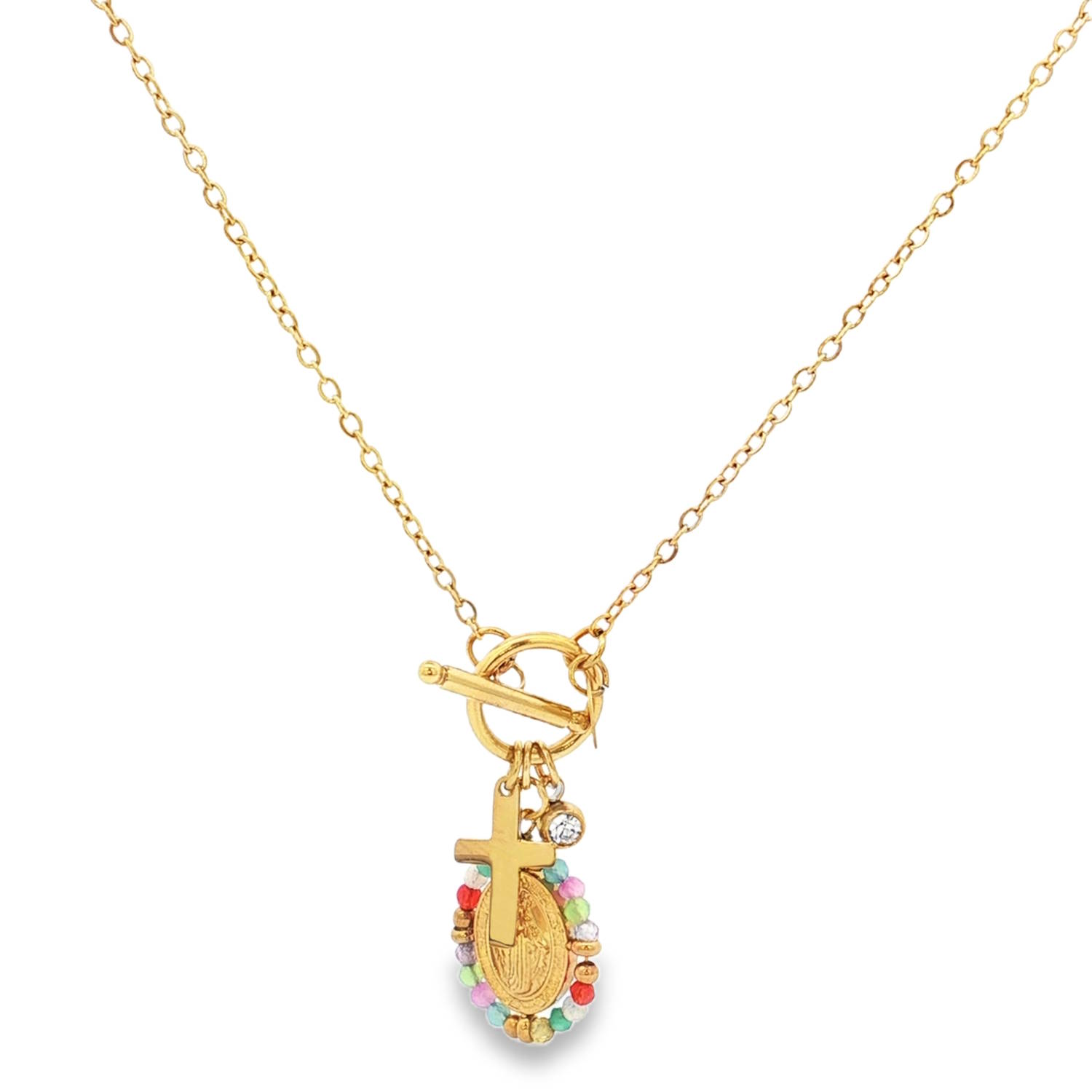 Ce ravissant collier chaîne en acier doré est orné d'un pendentif distinctif.<br/>Le pendentif se compose d'une croix dorée et d'une médaille délicatement sertie de cristaux multicolores ronds en forme de perles cabochon.<br/>Un bijou à la fois tendance et spirituel, parfait pour ajouter une touche d'éclat à votre quotidien. Ovale Perle Strass Adolescent Adulte Femme Fille Indémodable Religion Symboles Ce ravissant collier chaîne en acier doré est orné d'un pendentif distinctif.<br/>Le pendentif se compose d'une croix dorée et d'une médaille délicatement sertie de cristaux multicolores ronds en forme de perles cabochon.<br/>Un bijou à la fois tendance et spirituel, parfait pour ajouter une touche d'éclat à votre quotidien. Ovale Perle Strass Adolescent Adulte Femme Fille Indémodable Religion Symboles