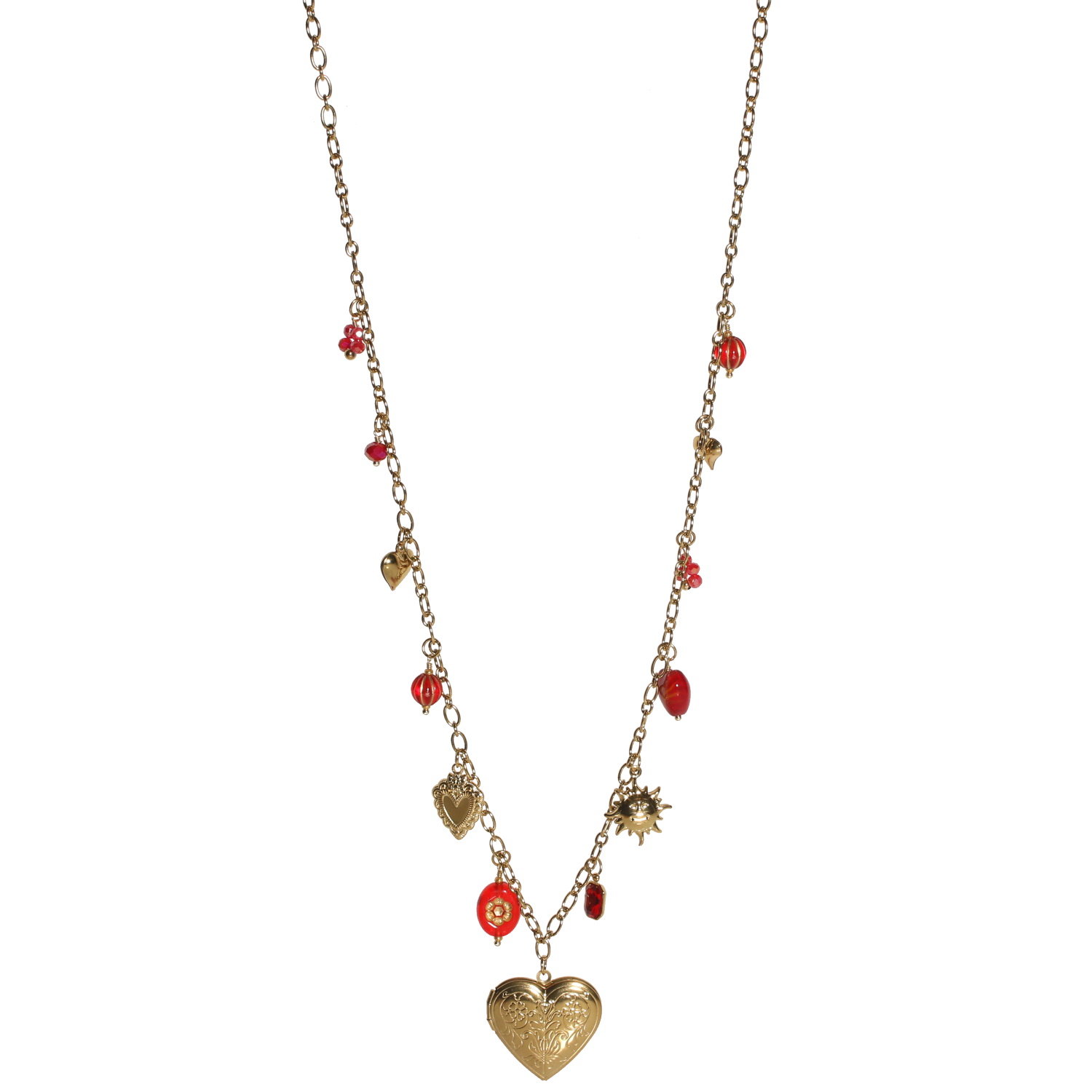 Collier sautoir composé d'une chaîne avec charm's cœurs et soleil en acier doré, de perles rouges et d'un cœur rouge.<br/>Fermoir mousqueton avec 5 cm de rallonge. Coeur Soleil Adolescent Adulte Amour Femme Fille Indémodable Nature Collier sautoir composé d'une chaîne avec charm's cœurs et soleil en acier doré, de perles rouges et d'un cœur rouge.<br/>Fermoir mousqueton avec 5 cm de rallonge. Coeur Soleil Adolescent Adulte Amour Femme Fille Indémodable Nature