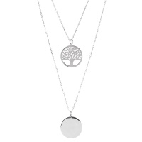 Collier double rangs composé d'une chaîne de 36.5 cm de long avec pendentif arbre de vie en argent 925/000 rhodié, ainsi qu'une chaîne de 43 cm de long avec pendentif pastille ronde et lisse en argent 925/000 rhodié. Fermoir anneau ressort avec 3 cm de rallonge.