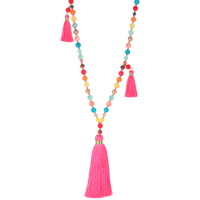 Collier sautoir fantaisie composé de perles en métal doré et perles multicolores avec 3 pompons en textile de couleur.