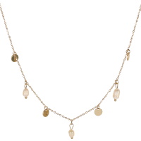 Collier composé d'une chaîne avec pampilles rondes lisses en acier doré et pampilles perles de nacre. Fermoir mousqueton avec 7 cm de rallonge.