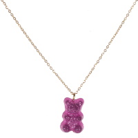 Collier composé d'une chaîne en acier doré et d'un pendentif nounours de couleur rose fuchsia pailletée. Fermoir mousqueton avec 5 cm de rallonge.