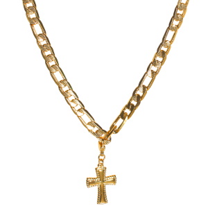 Collier composé d'une chaîne maille diamantée et d'un pendentif en forme de croix avec une attache mousqueton en acier doré. fermoir mousqueton avec 6 cm de rallonge.