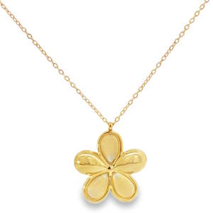 Ce collier délicat est une ode à l'élégance discrète. La chaîne en acier doré, fine et scintillante, supporte un pendentif floral stylisé incrusté de pierre de cymophane blanche dorée. Les détails soignés et la finition polie de l'acier doré mettent en valeur la forme harmonieuse de la fleur, créant un bijou à la fois raffiné et intemporel. Idéal pour ajouter une touche de sophistication subtile à toute tenue. Fermoir mousqueton avec 5 cm de rallonge.