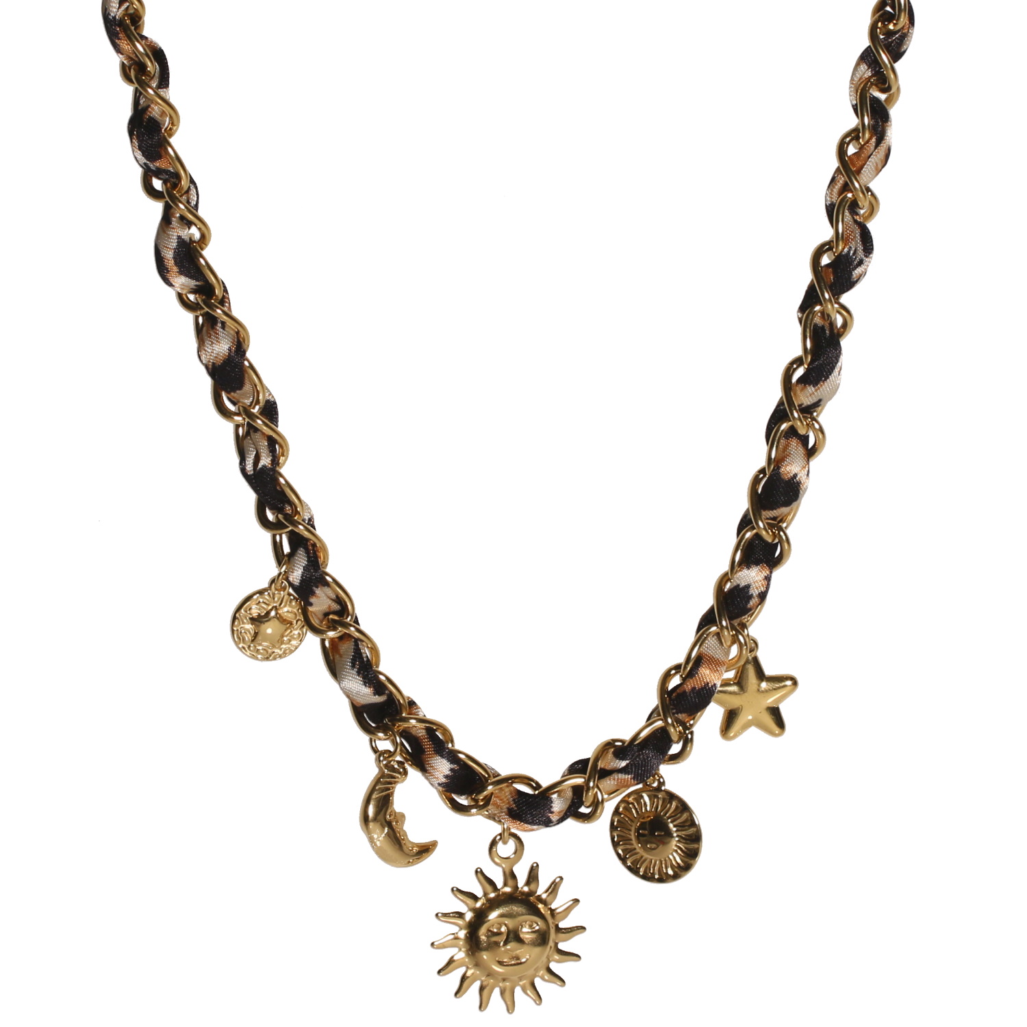 Collier composé d'une chaîne en acier doré et d'un cordon avec motifs léopard et de charm's en forme d'étoile, de soleils et de croissant de lune.<br/>Fermoir mousqueton avec 5 cm de rallonge. Cordon Lune Soleil Adolescent Adulte Femme Fille Indémodable Nature Collier composé d'une chaîne en acier doré et d'un cordon avec motifs léopard et de charm's en forme d'étoile, de soleils et de croissant de lune.<br/>Fermoir mousqueton avec 5 cm de rallonge. Cordon Lune Soleil Adolescent Adulte Femme Fille Indémodable Nature