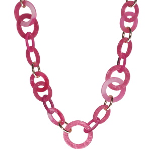 Collier sautoir fantaisie composé de maillons ovales en métal doré et maillons ronds et ovales de couleur rose. Fermoir mousqueton avec 7 cm de rallonge en métal doré.