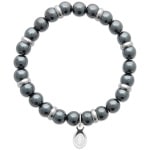 Bracelet boules élastique avec perles en pierre hématite et pendant motif gueule de requin en acier argenté.