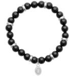 Bracelet boules élastique avec perles en pierre agate de couleur noire et pendant motif gueule de requin en acier argenté. L'agate représente l'équilibre et l'harmonie. Elle est symbole de force et de soutien dans les moments difficiles en recentrant les énergies. Pierre d'ancrage à la terre, elle aide à disperser les énergies négatives et confère stabilité et confiance de soi.