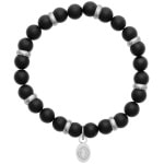 Bracelet élastique avec perles naturelles et pendant avec motif gueule de requin en acier argente.