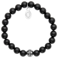 Bracelet élastique avec boule en acier argenté et perles en pierre véritable d'agate noire. L'agate représente l'équilibre et l'harmonie. Elle est symbole de force et de soutien dans les moments difficiles en recentrant les énergies. Pierre d'ancrage à la terre, elle aide à disperser les énergies négatives et confère stabilité et confiance de soi.