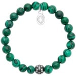 Bracelet élastique avec boule en acier argenté et perles en pierre malachite.