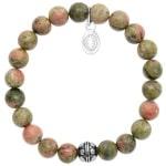 Bracelet élastique avec boule en acier argenté et perles en pierre unakite.