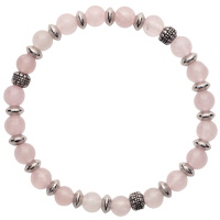 Bracelet élastique composé de perles en acier argenté et de perles en véritable pierre de quartz rose.