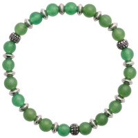 Bracelet élastique composé de perles en acier argenté et de perles en véritable pierre d'aventurine. L'aventurine apporte tranquillité intérieure et dissout la mélancolie. Elle renforce le contrôle de soi, rend son possesseur généreux et fidèle.