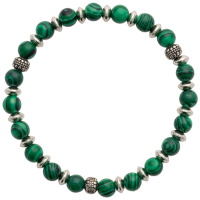Bracelet élastique composé de perles en acier argenté et de perles en véritable pierre de malachite.