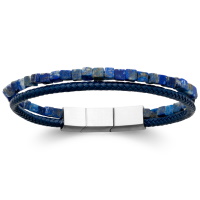 Bracelet double rangs composé d'un cordon en cuir véritable de couleur bleu et d'un cordon de véritables pierres  cubiques de sodalite.
