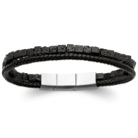 Bracelet double rangs composé d'un cordon en cuir véritable de couleur noir et d'un cordon de véritables pierres de laves cubiques.