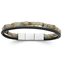 Bracelet double rangs composé d'un cordon en cuir véritable de couleur gris et d'un cordon de véritables pierres cubiques de labradorite.
