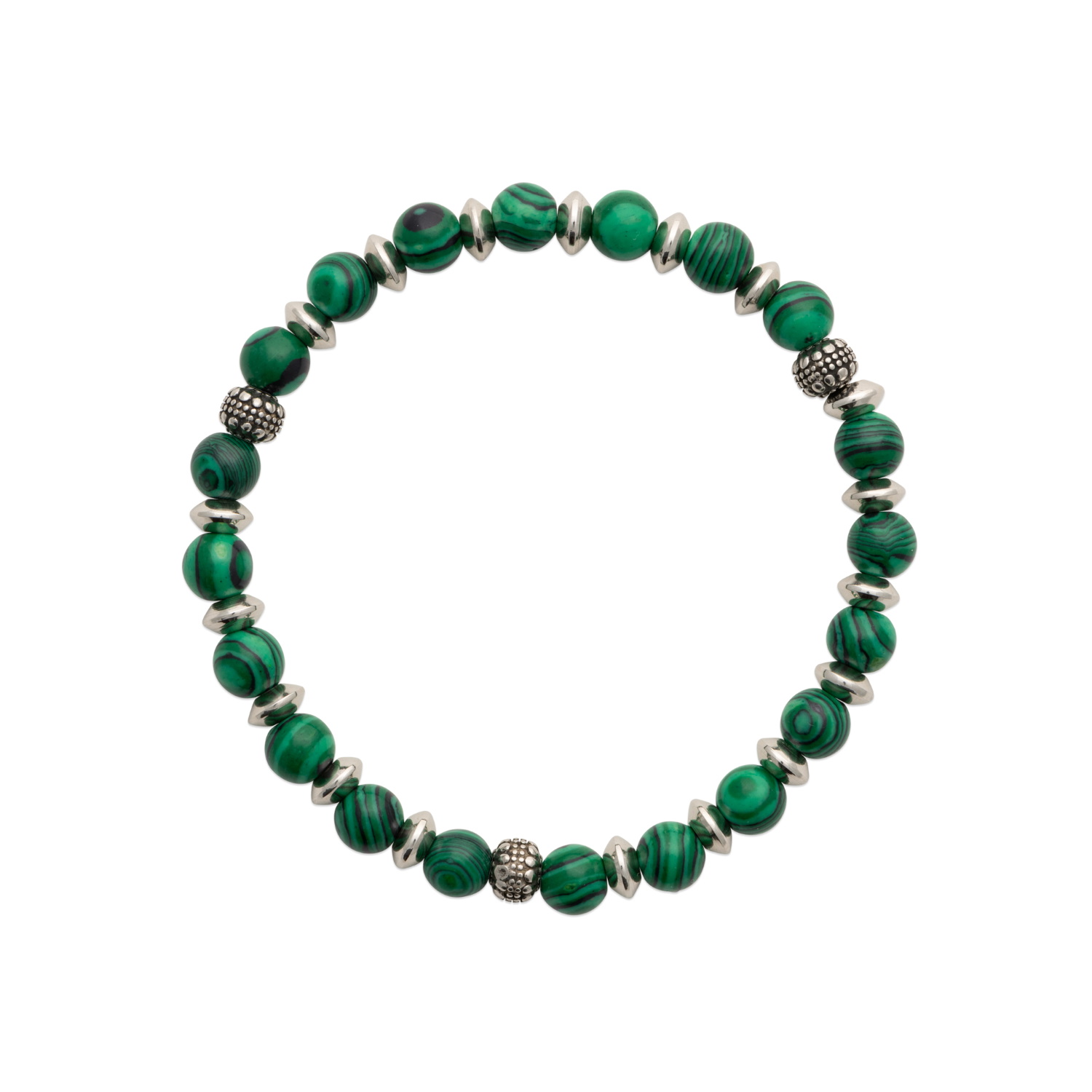 Bracelet élastique composé de perles en acier argenté et de perles en véritable pierre de malachite. Elastique Perle  Adolescent Adulte Femme Fille Indémodable 