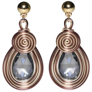 Boucles d'oreilles pendantes composées d'une puce ronde en métal doré, de fils de métal marron et doré en forme de spirale et d'un cristal ovale de couleur bleu.