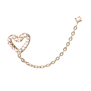 Boucle d'oreille en acier doré composée d'un cœur serti de strass relié par une chaîne à une puce sertie griffe d'un strass. Vendu à l'unité.