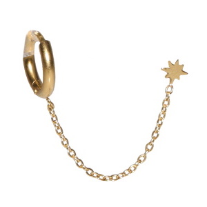 Boucle d'oreille en acier doré composée d'une étoile relié par une chaîne à une créole. Vendu à l'unité.