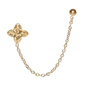 Boucle d'oreille en acier doré composée d'un trèfle à quatre feuilles relié par une chaîne à une puce ronde. Vendu à l'unité.